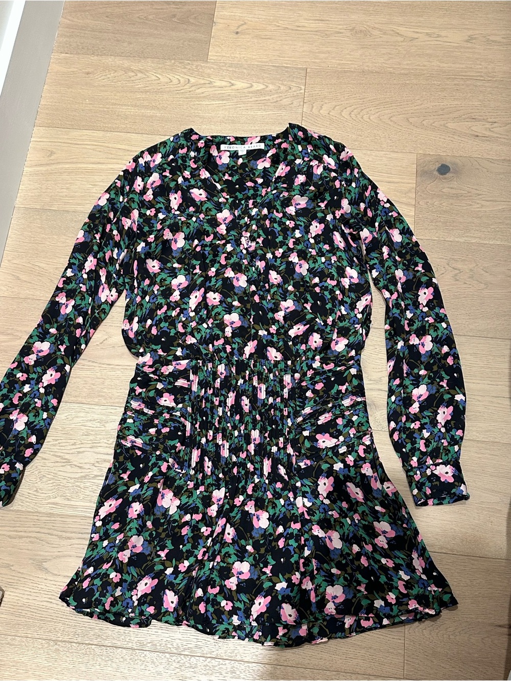 Veronica Beard Floral Smocked Waist Long Sleeve Dress - Pink on Black